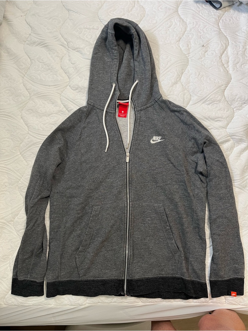 Nike Gray and White Full-Zip Hoodie with Red Tag